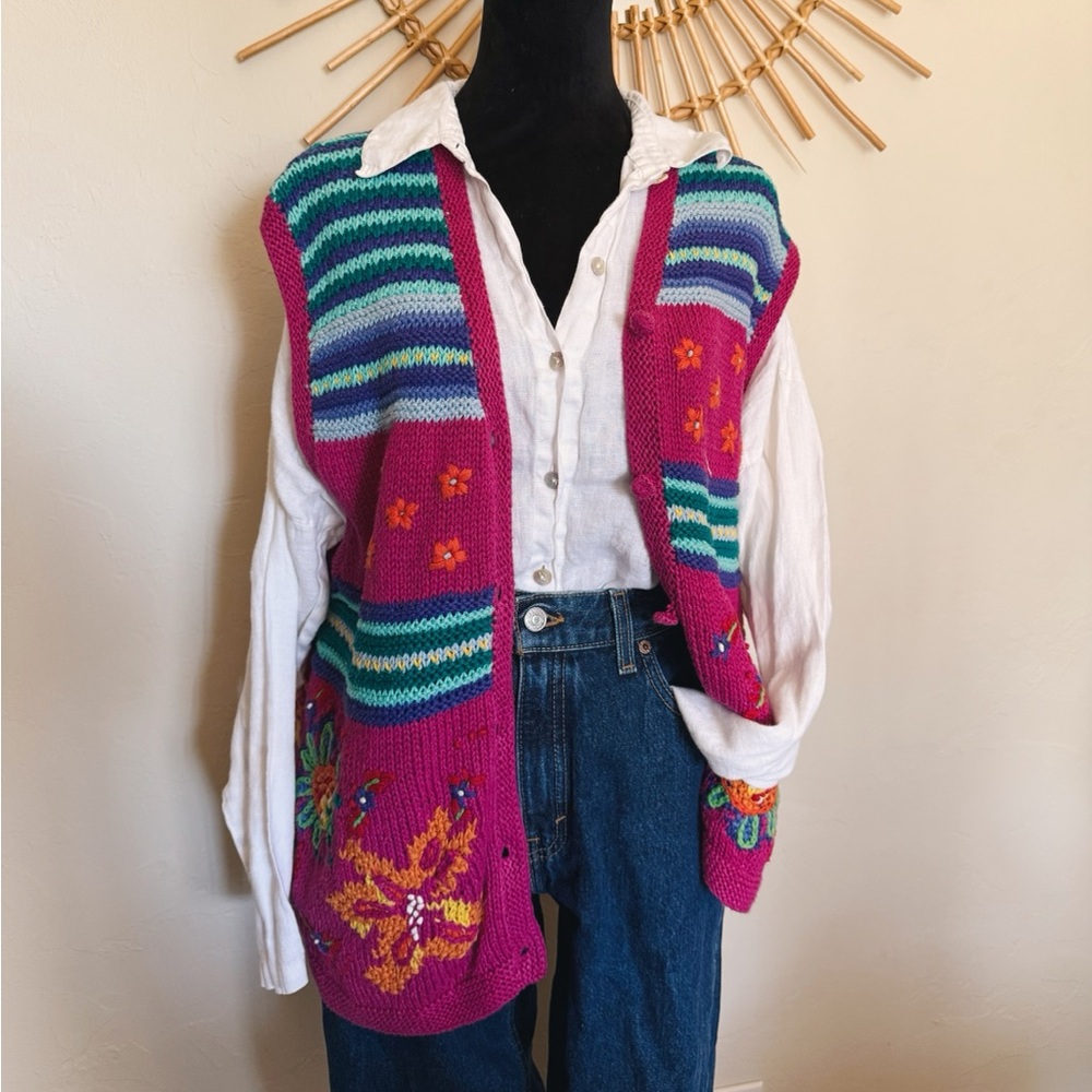 Vibrant Pink Floral Embroidered Knit Sweater Vest